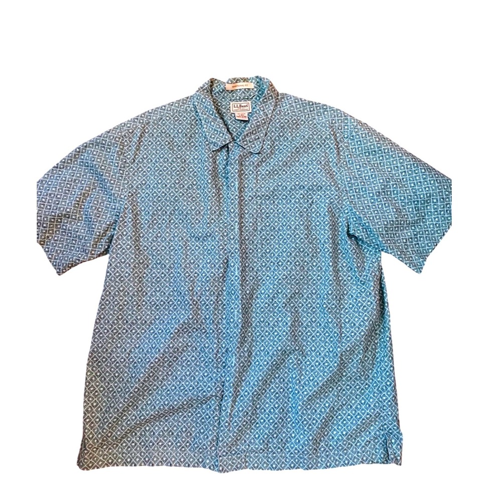 LL Bean Mens Large Blue Geometric Diamond Print Cotton Button‎ Down Shirt
